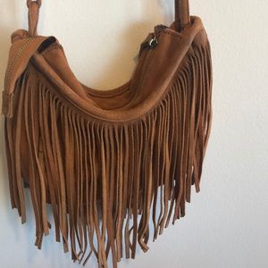 Suede boho fringe purse brown